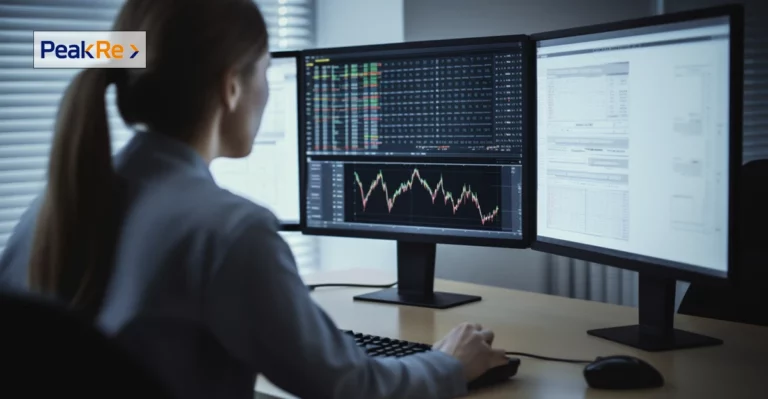 A photo of Female computer analyst looking at data on a compuer screen. Peak Re logo in top left corner.