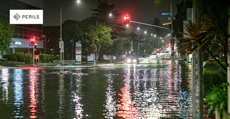 A photo of Flood in New Zealand. PERILS logo in top left corner.