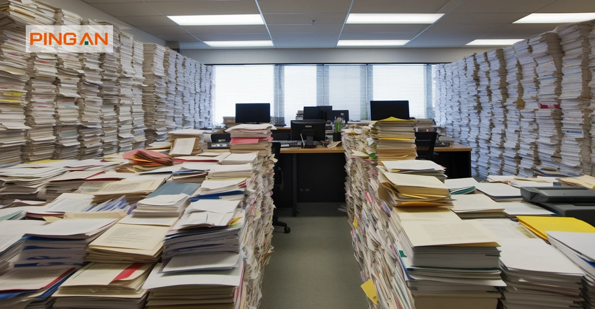 A photo of huge pile of paperowrk surrounding desks. Ping An logo in top left corner.