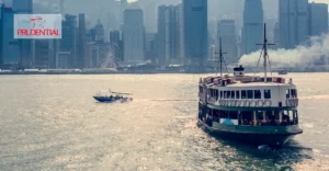 A photo of Star Ferry. Prudential logo in top left corner.