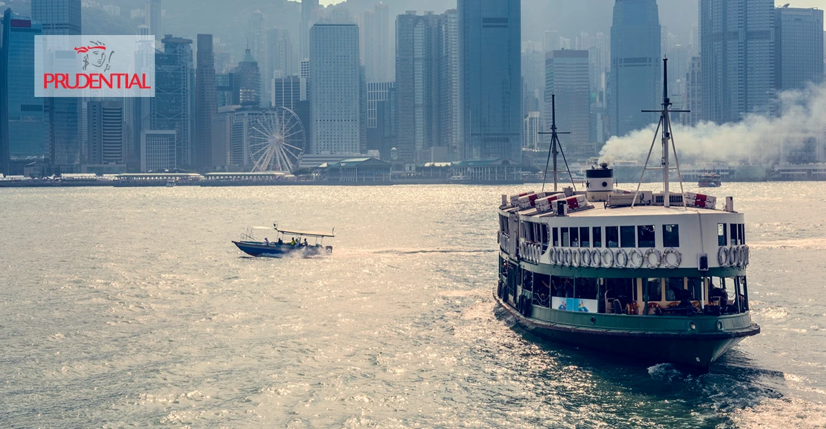 A photo of Star Ferry. Prudential logo in top left corner.