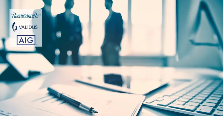 A photo of a pen and paper in foreground, business people in background. RenaissanceRe Validus and AIG logos in top left corner.