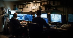 A photo of hackers in a basement.