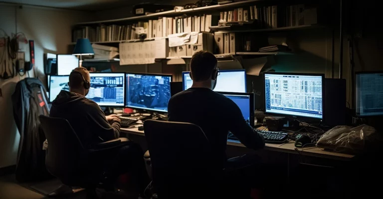 A photo of hackers in a basement.