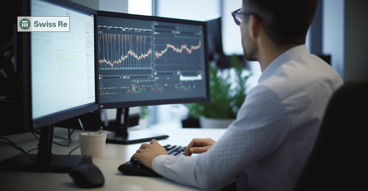 A photo of a computer analyst sitting in front of a computer with data on the screen. Swiss Re logo in top left corner.