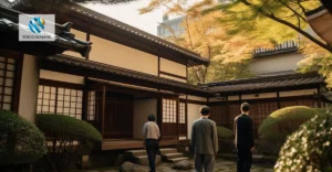 A photo of a Japanese house with people inspecting it. Tokio Marine logo in top left corner.