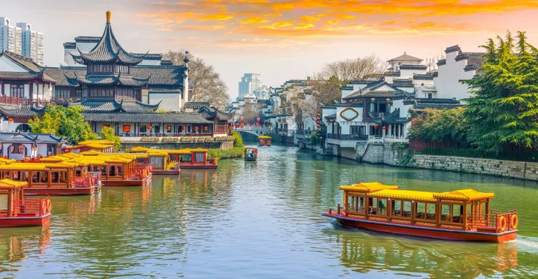 Shanghai chinese traditional boats on a river.