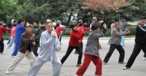 A group of people doing tai chi in a park.