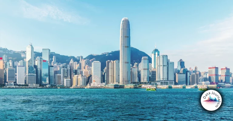 The skyline of hong kong is seen from the water.