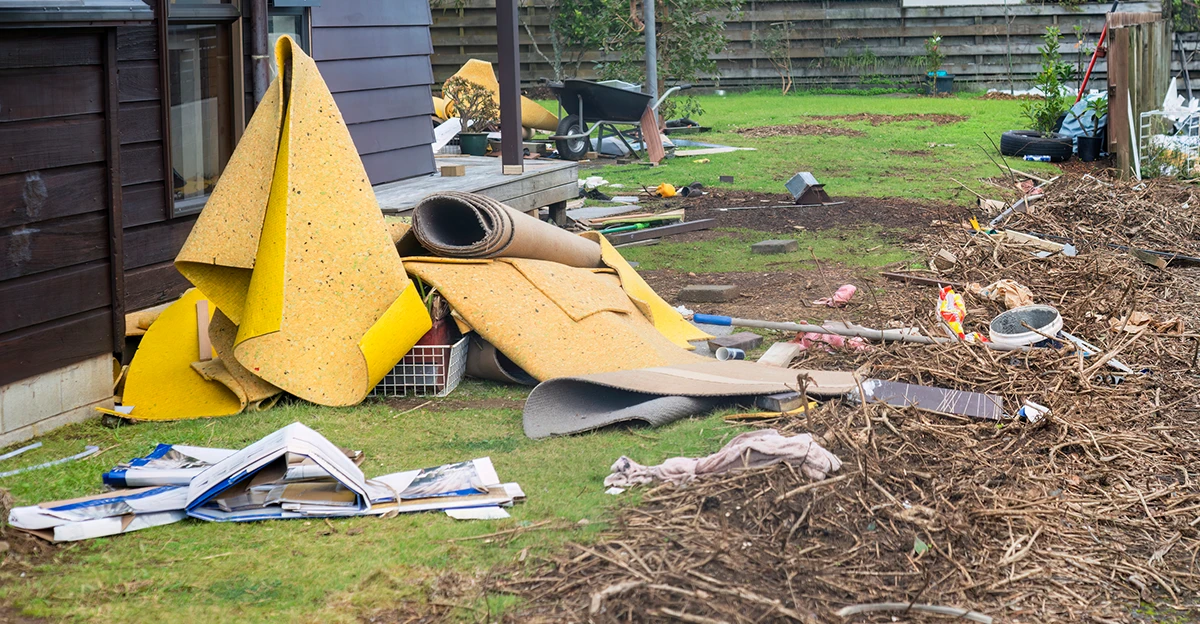 A pile of debris in the yard of a house.