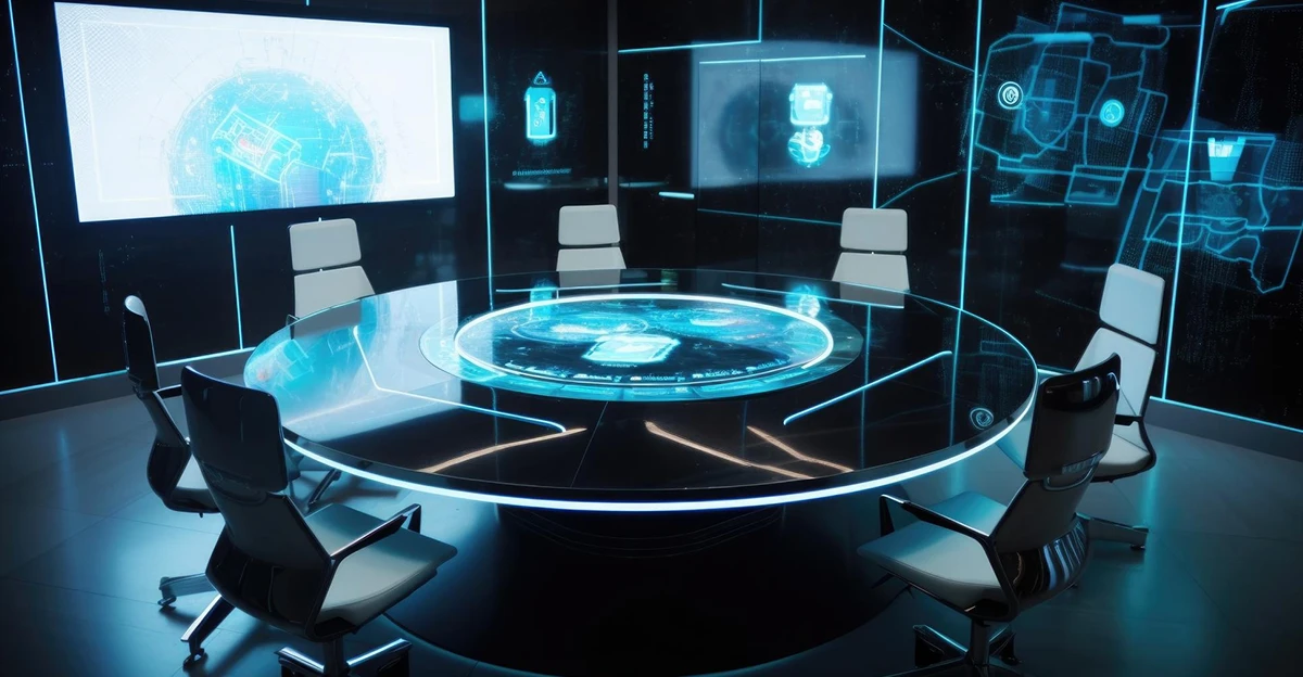 A futuristic conference room with a table and chairs.