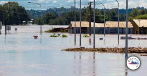 A flooded street in a city.