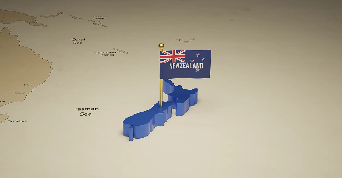 A map of new zealand with a flag on it.