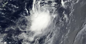 A satellite image of a cyclone in the ocean.