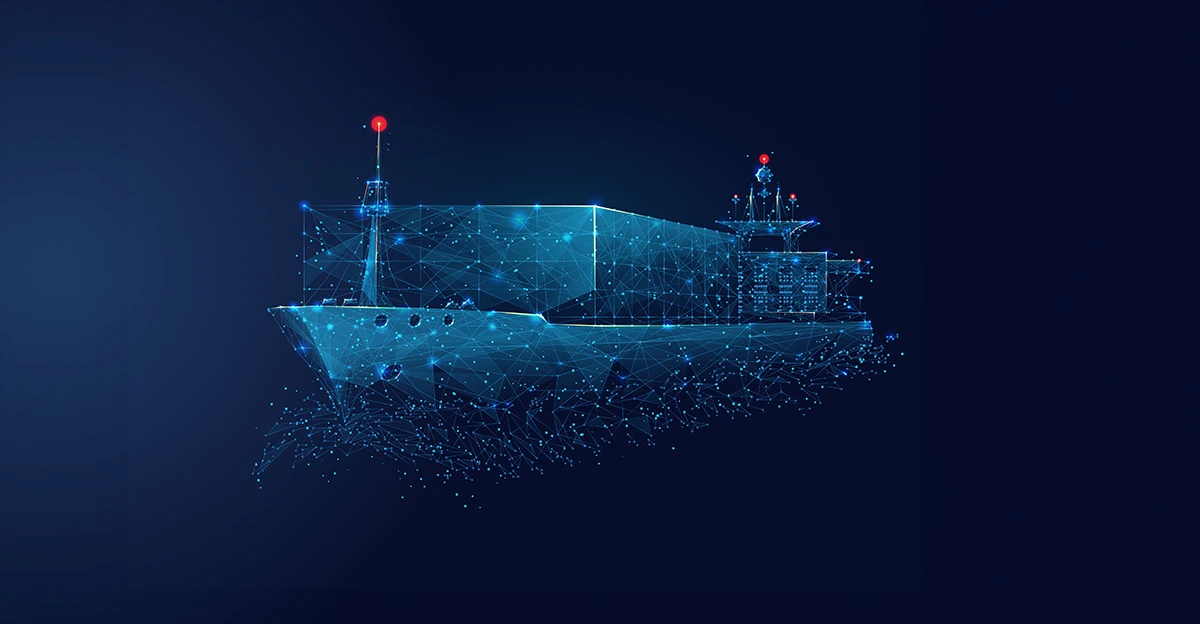 An image of a container ship on a dark background.