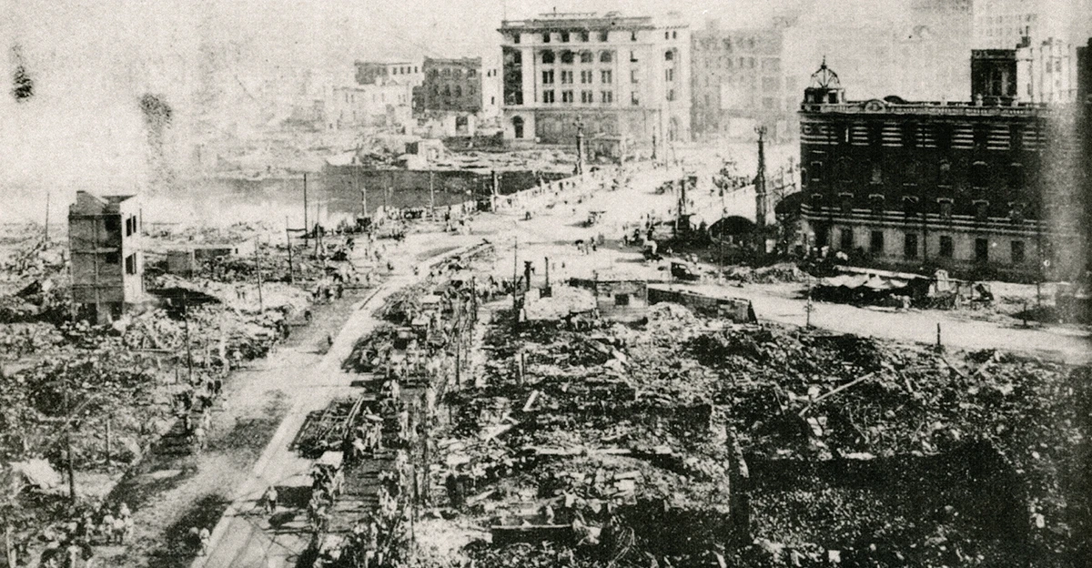 A black and white photo of a destroyed city.