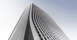 A 3d image of a tall building with a blue sky.