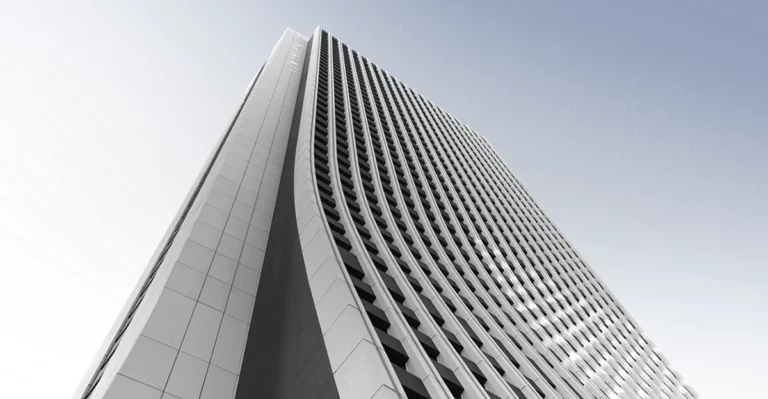 A 3d image of a tall building with a blue sky.