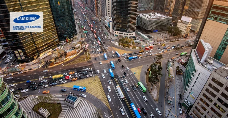 An aerial view of a busy city street.