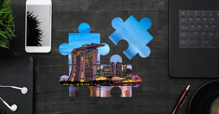 Jigsaw puzzle with the city of singapore in the background.