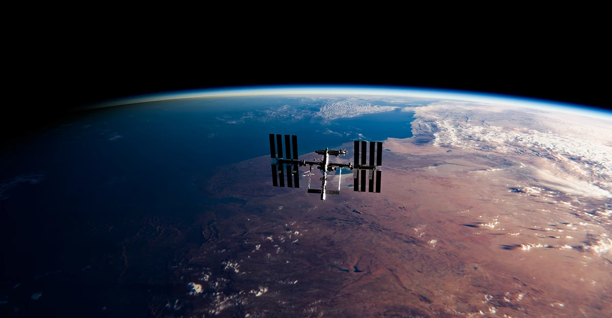 The international space station is seen from space.