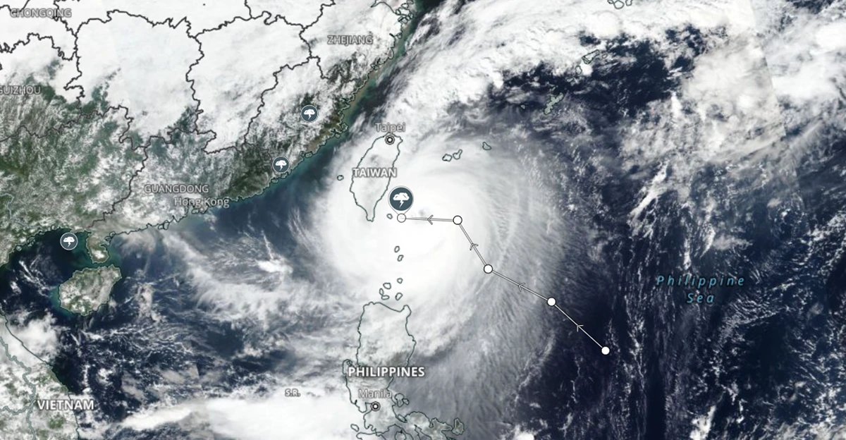 A satellite image of a tropical storm in the ocean.