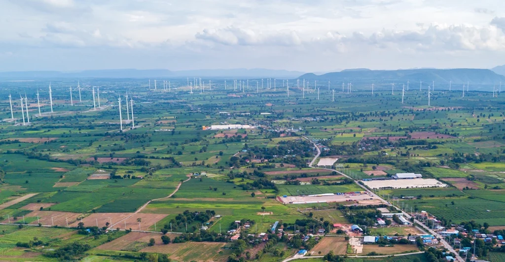 Aerial view of wind turbines in thailand.