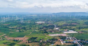 Aerial view of wind turbines in thailand.