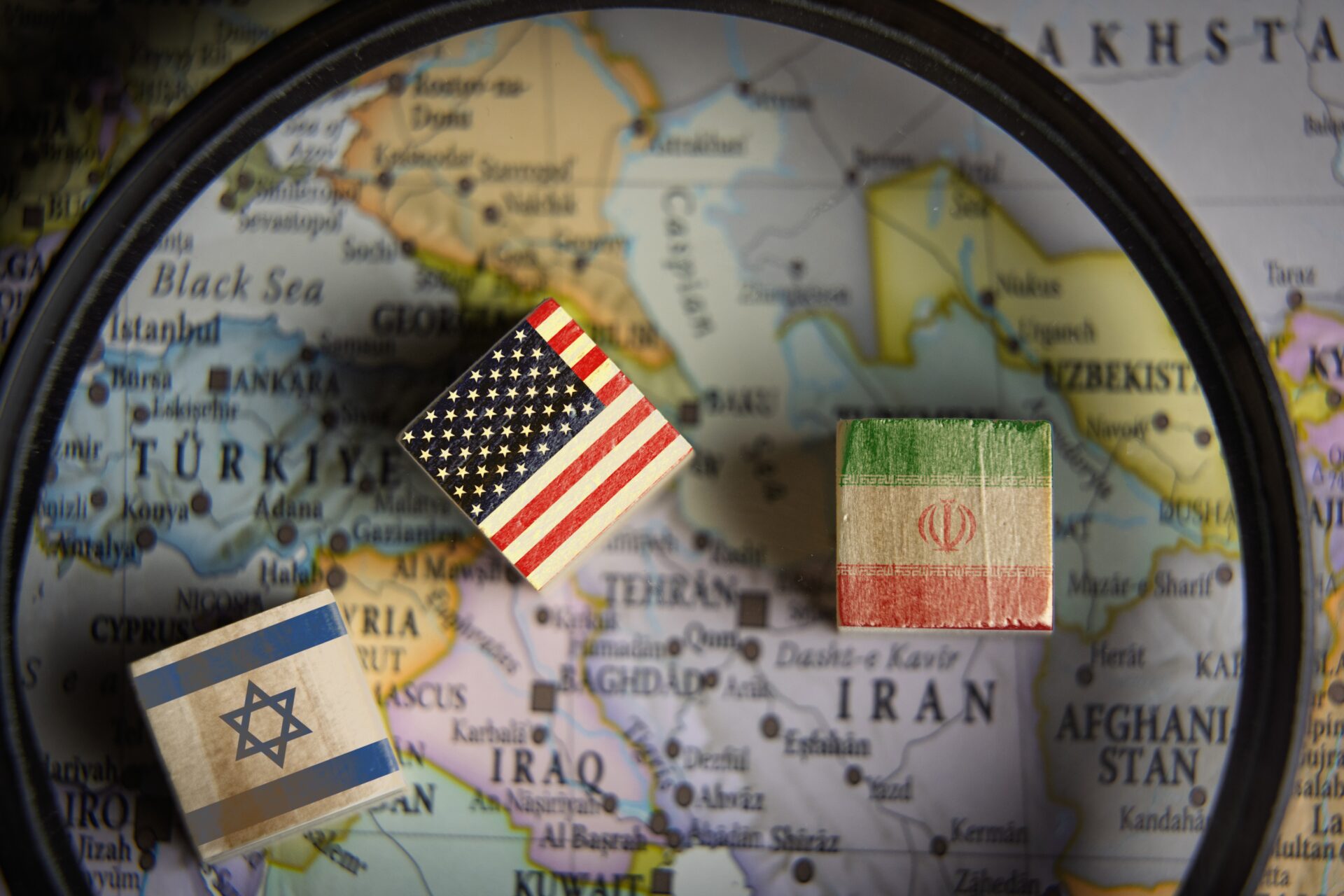 FlagsOfTheUnitedStatesIsraelAndIranOnWooden