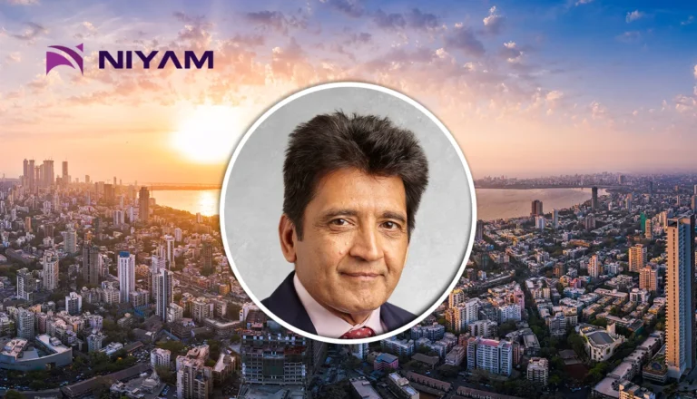 City skyline at sunset with the purple NIYAM logo and a circular portrait of a suited man in the center.