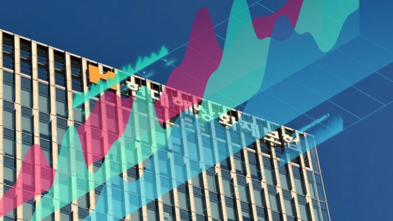 Modern glass-office building with translucent multicolored line and area charts suggesting financial data or market growth