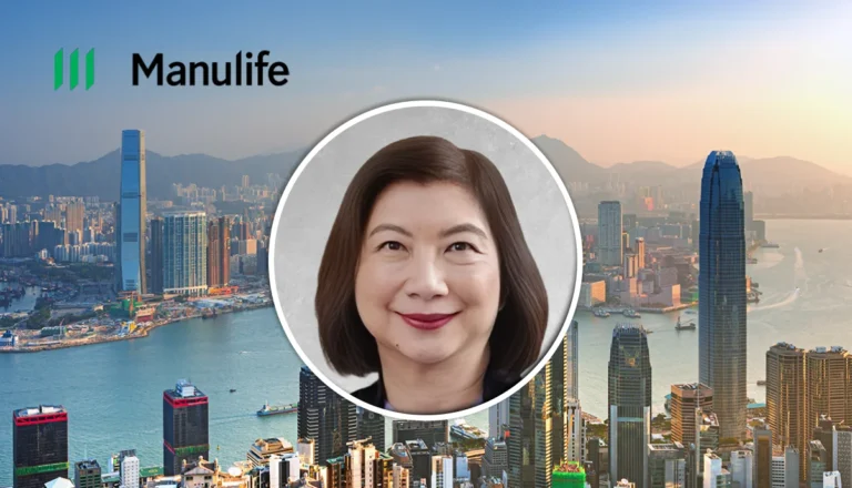 Manulife logo over a city skyline with a circular portrait of a smiling Asian woman in the center.