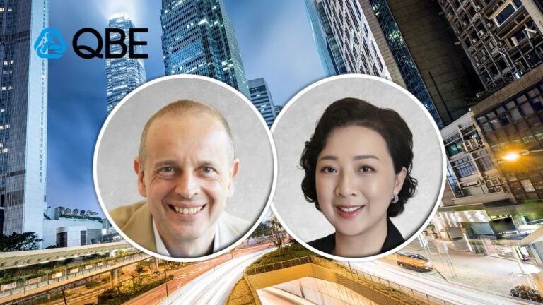 QBE banner with two circular headshots—a smiling man on the left and a smiling woman on the right—over a city skyline backdrop.