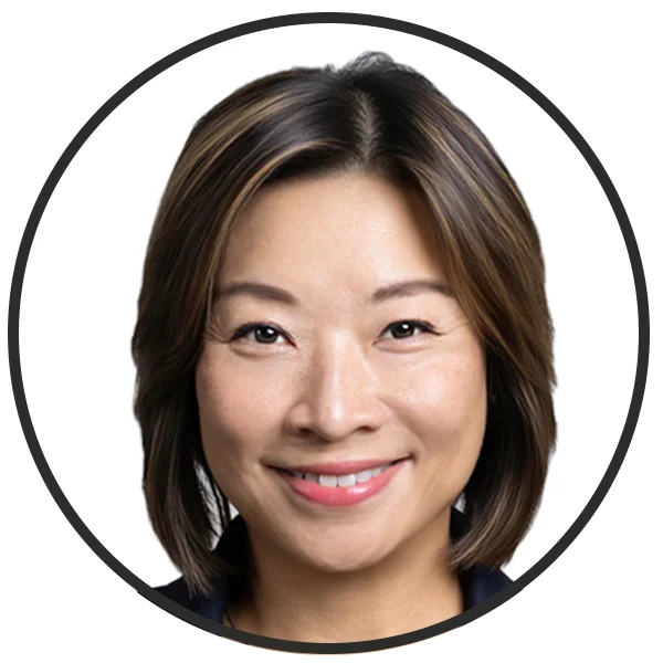 Smiling Asian woman with short dark hair in a circular crop headshot (professional portrait).