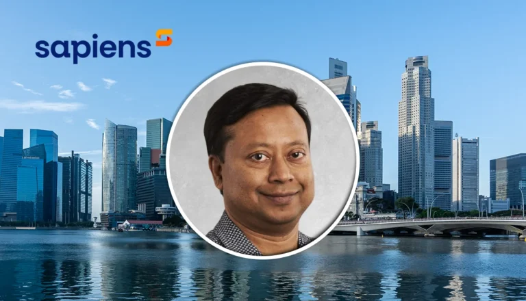 Portrait of a man in a circular frame over a blue city skyline with the Sapiens logo in the top-left.
