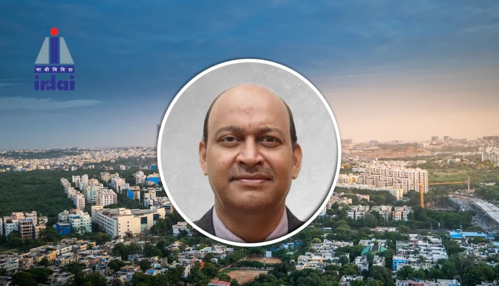 Circular headshot of a man over a city skyline, with the IRDAI logo visible in the top-left corner.