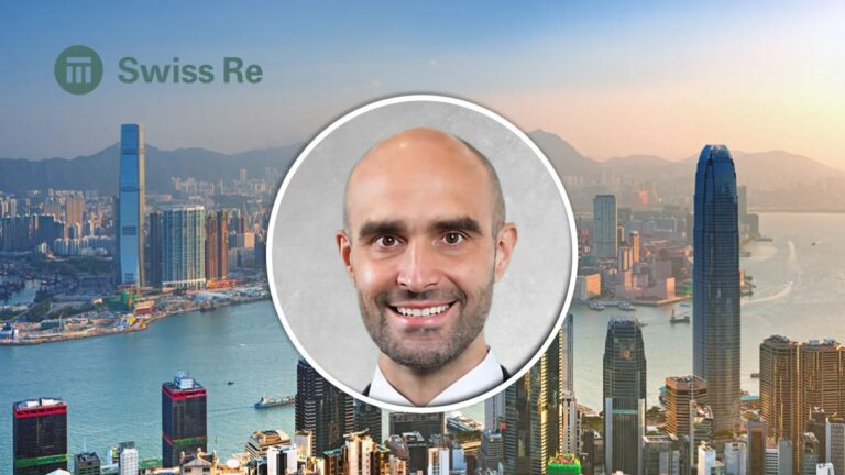 Smiling man’s headshot in a white circular frame over a city skyline with a Swiss Re logo in the top left.