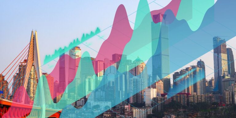City skyline with transparent pink, teal, and blue area charts overlaid to illustrate data trends across the cityscape.