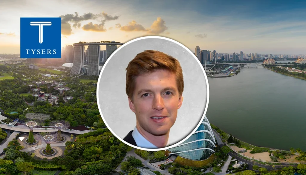 Profile photo of a man in a circular frame over a Singapore cityscape background with the TySERS logo in the top-left