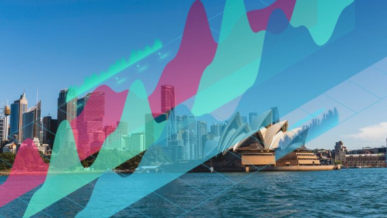 Sydney skyline with the Opera House; colorful translucent charts overlay the scene.