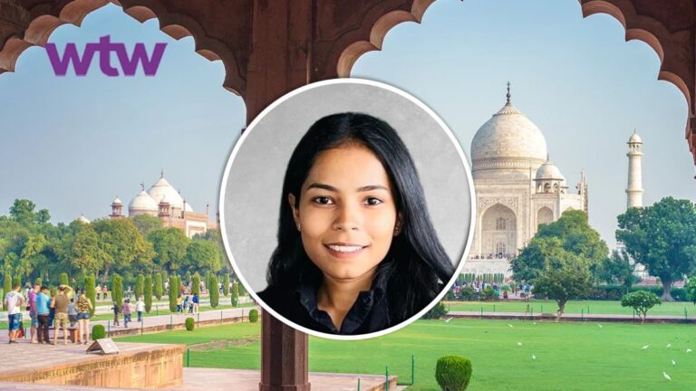 Portrait of a smiling woman overlaid on a Taj Mahal backdrop with visitors in the foreground and a purple 'wtw' logo in the top left.