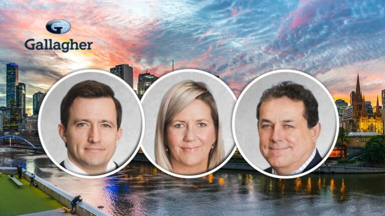 Gallagher logo with three overlapping circular headshots over a sunset city skyline background.
