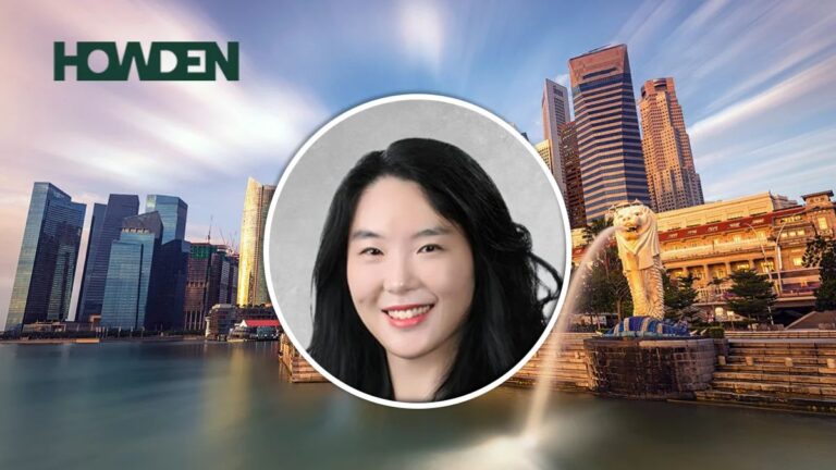 Smiling woman’s portrait centered over a Singapore skyline with the Merlion statue and Howden logo in the top-left, suggesting a team or speaker profile for Howden.