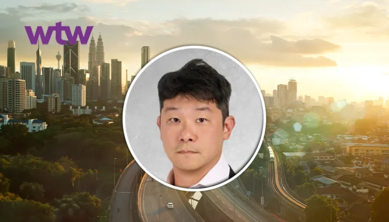 City skyline at sunset with a circular portrait of a man in the center and a purple 'wtw' logo in the top-left.
