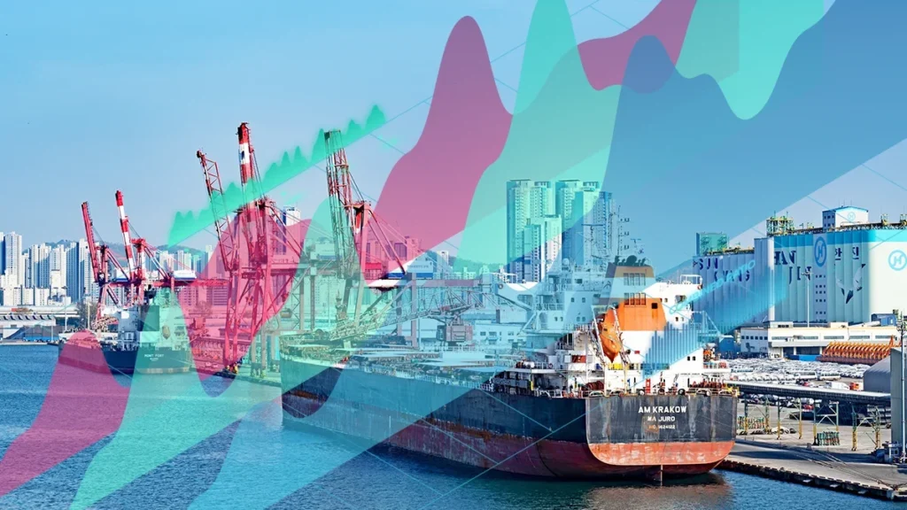 Cargo ship docked at a busy port with cranes and city skyline, overlaid by colorful translucent data waves indicating shipping analytics.