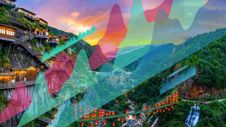 Hillside village at sunset with translucent multicolored data charts overlaid, suggesting growth analytics across the landscape.