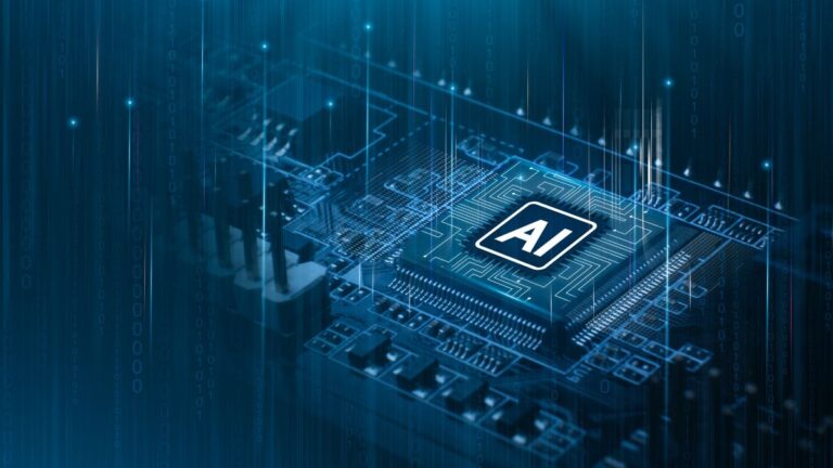 Blue-toned close-up of a computer chip labeled AI on a circuit board.