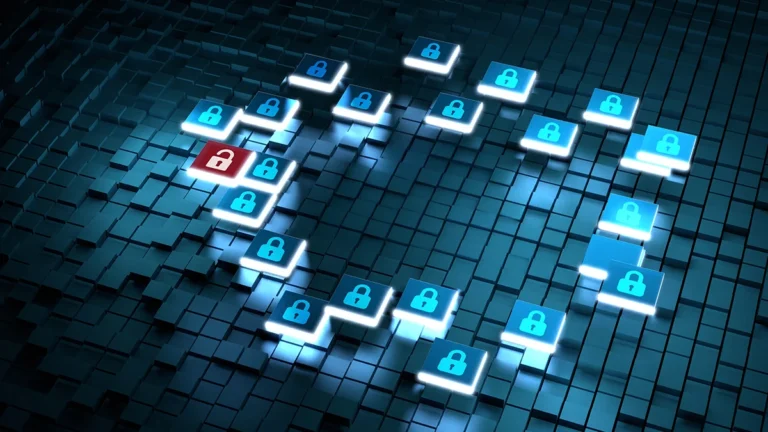Isometric illustration of glowing blue padlocks on tiles forming a circular security path, symbolizing cybersecurity.