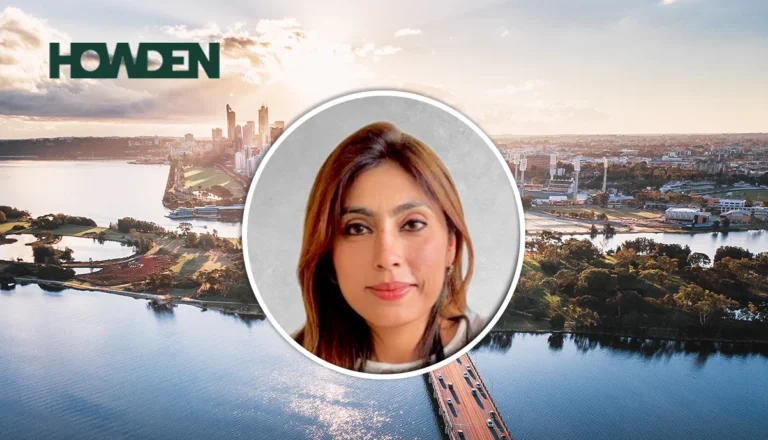 Portrait of a woman in a circular frame over a cityscape with a river, bridge, and the Howden logo in the sky behind her.