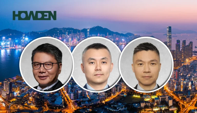 Three circular headshots of executives over a night-city skyline with the Howden logo.